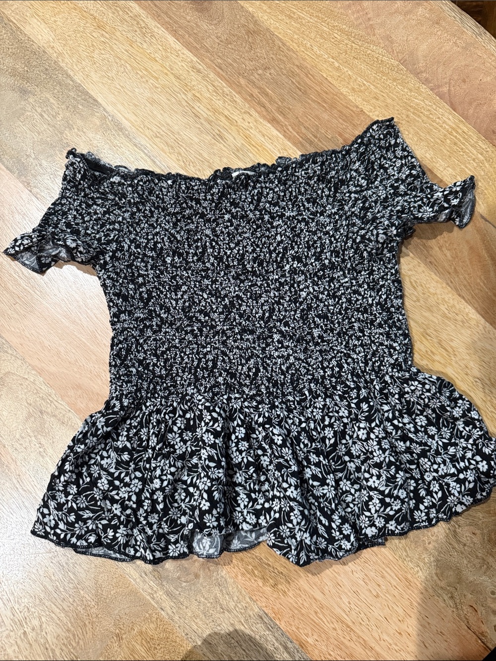 Japna Black and White Floral Smocked Off-Shoulder Peplum Top